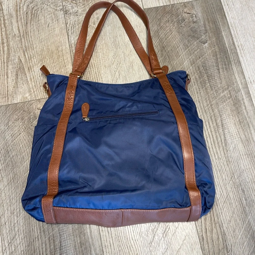 Lily Jade Navy blue brown leather Diaper bag convertible EUC